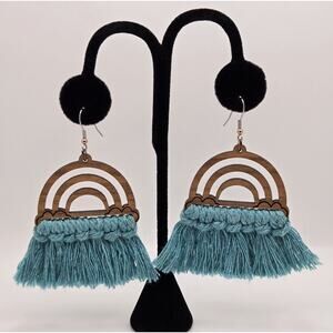 Tassel Earrings Turquoise Fringe Wood Dangle Southwestern Hippie Boho Maximalist